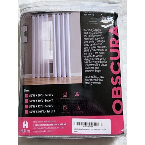 HLC.ME New Obscura White Thermal Liners Blackout Panel Curtain 50W X 60L - Picture 2 of 3